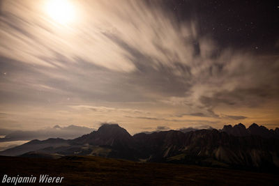 Scenic view of mountains against sky during sunset