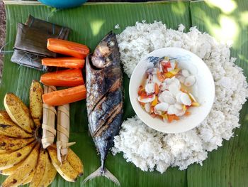 High angle view of chopped vegetables on table