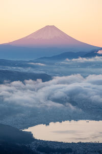 Scenic view of mountains against sky during sunset