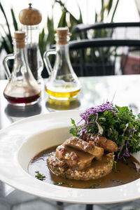 Close-up of meal served on table