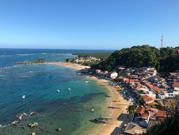 High angle view of sea against clear blue sky