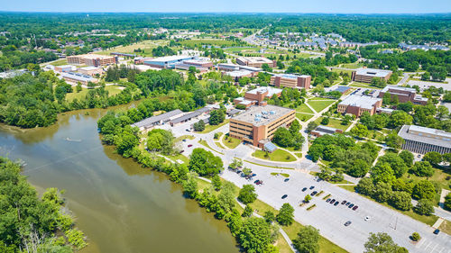 High angle view of buildings in city