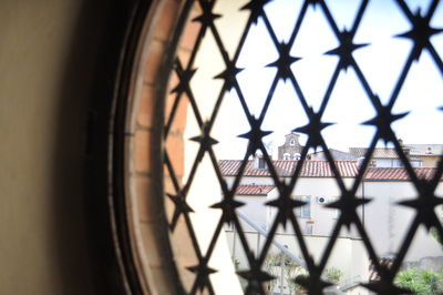 High angle view of railroad track seen through window