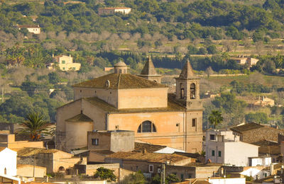 High angle view of old buildings in town