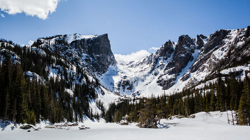 Scenic view of snow covered mountains against sky