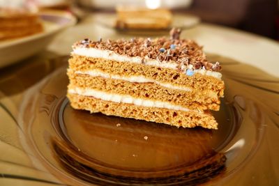 Close-up of cake in plate on table