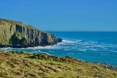 Scenic view of sea against clear blue sky