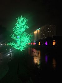 Illuminated christmas tree in city against sky at night