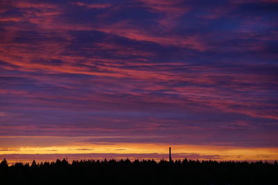 Silhouette landscape against dramatic sky during sunset