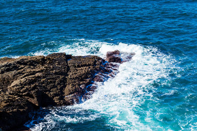 High angle view of wave splashing on rock