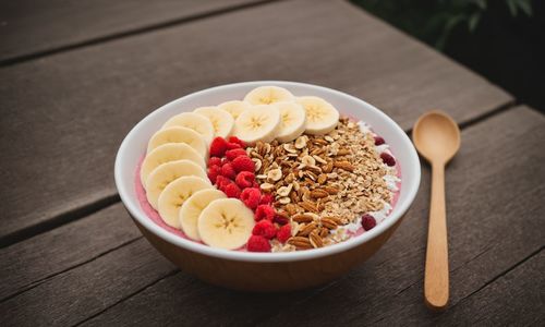 High angle view of food in bowl on table