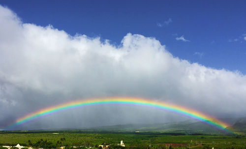 Scenic view of rainbow over field against sky