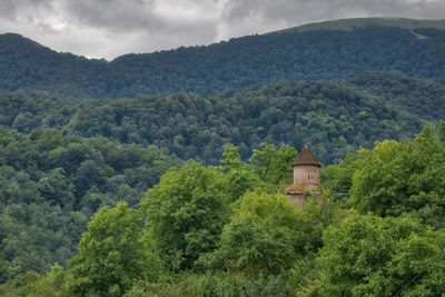 Scenic view of trees and mountains against sky