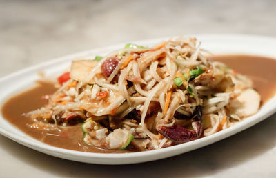 Close-up of noodles served in plate