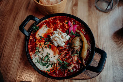 High angle view of food in plate on table