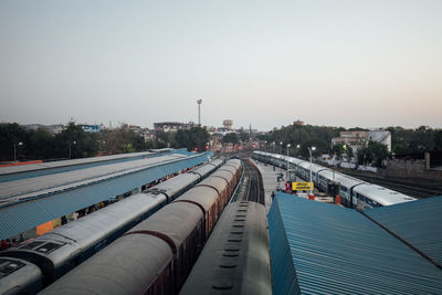 High angle view of train against clear sky