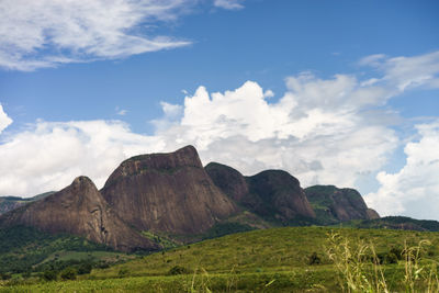 Scenic view of field and mountains against sky