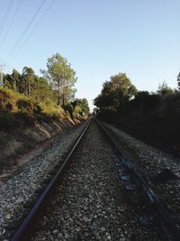 Railroad track amidst trees against clear sky