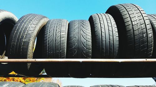 Close-up of tires with a clear sky in the background 