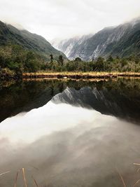 Scenic view of lake and mountains against sky