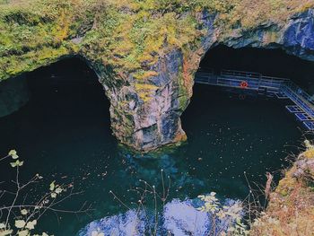High angle view of rock formation in lake