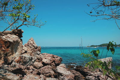 Scenic view of sea against clear blue sky