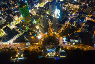 High angle view of illuminated cityscape at night