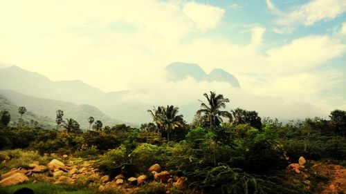 Scenic view of mountains against cloudy sky