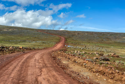 Dirt road along landscape against sky