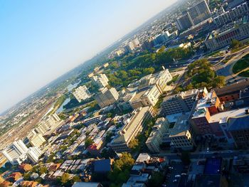 High angle view of cityscape against clear sky