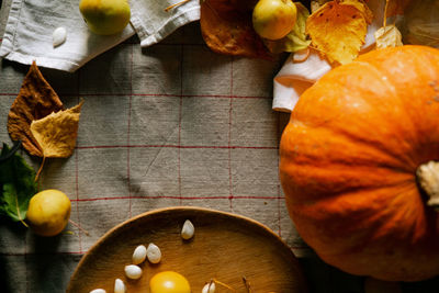 High angle view of pumpkins on table