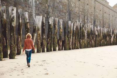 Rear view of woman walking at beach