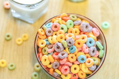 High angle view of multi colored candies on table