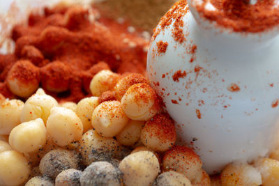 High angle view of eggs in bowl