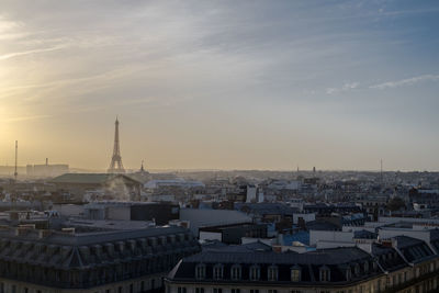 High angle view of townscape against sky at sunset