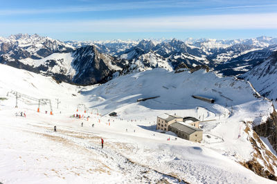 Scenic view of snowcapped mountains against sky