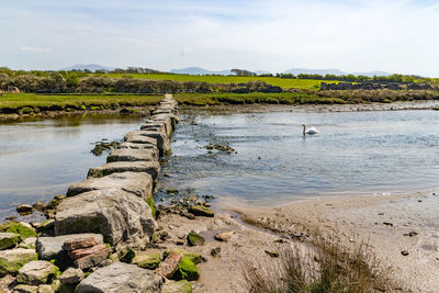 Scenic view of rocks on beach against sky