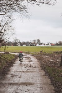 Rear view of people walking on road against sky