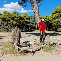 Full length of man standing on tree trunk against sky