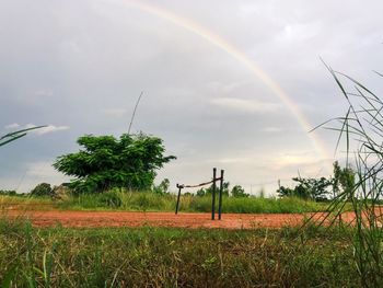 Scenic view of field against rainbow in sky