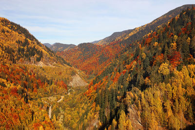 Scenic view of mountains against sky during autumn