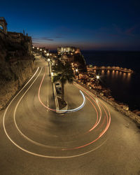 Light trails on road against sky at night