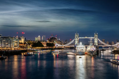 Bridge over river in city at night