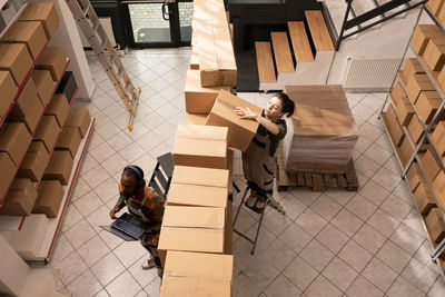 High angle view of wooden steps