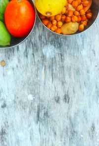 High angle view of fruits in bowl on table