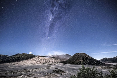 Scenic view of mountains against blue sky