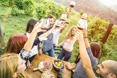 Friends toasting wineglasses while standing around table