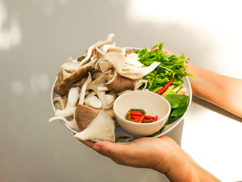 Midsection of person holding food ingredients  in bowl