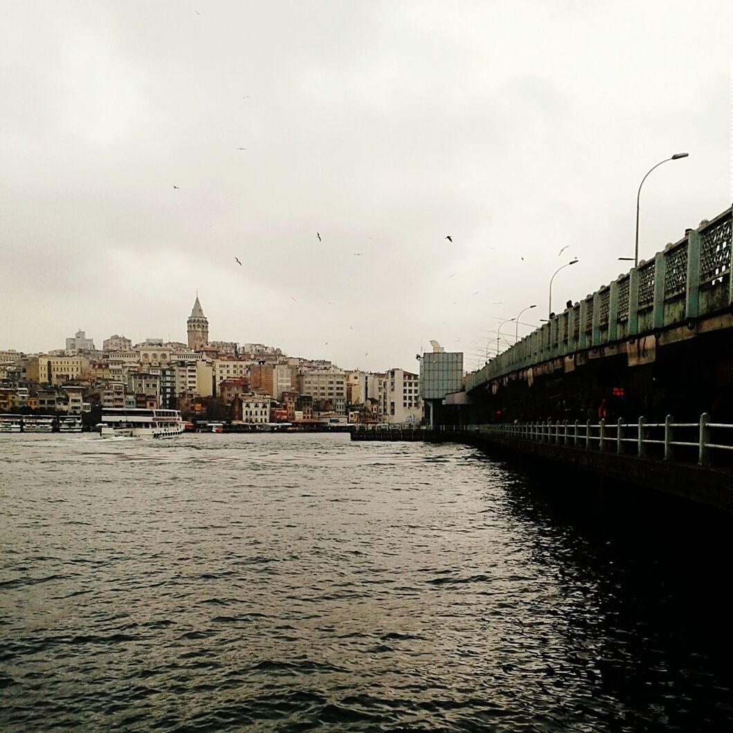 building exterior, architecture, built structure, water, waterfront, bird, sky, city, flying, river, animal themes, animals in the wild, cloud - sky, wildlife, rippled, sea, building, cityscape, outdoors, residential building