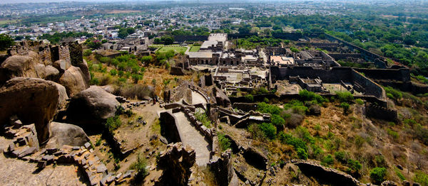 High angle view of buildings in city